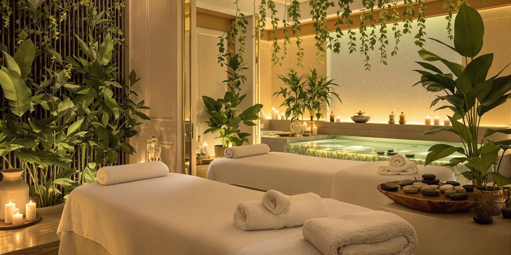 Tranquil spa setting with massage tables and candles.