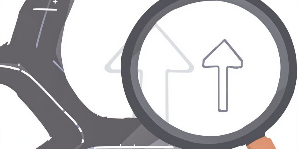 SEO guide illustration with magnifying glass and upward trend arrow.
