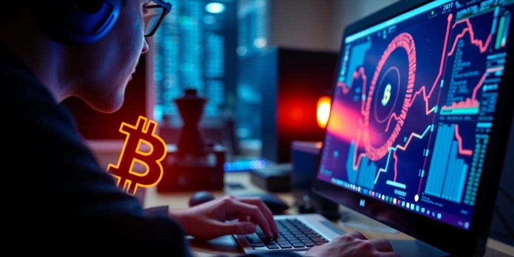 Person mining cryptocurrency on a computer in modern setup.