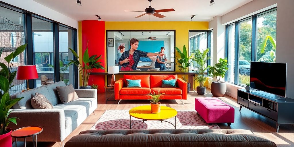 Modern living room with vibrant colors and sleek furniture.