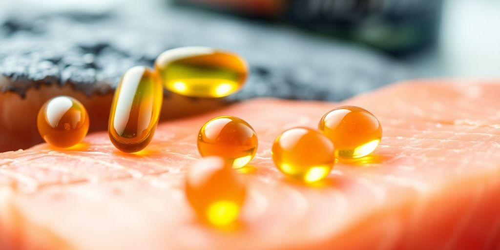 Fish oil capsules beside fresh fish.