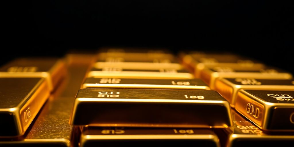 Close-up of shiny gold bars on a dark background.
