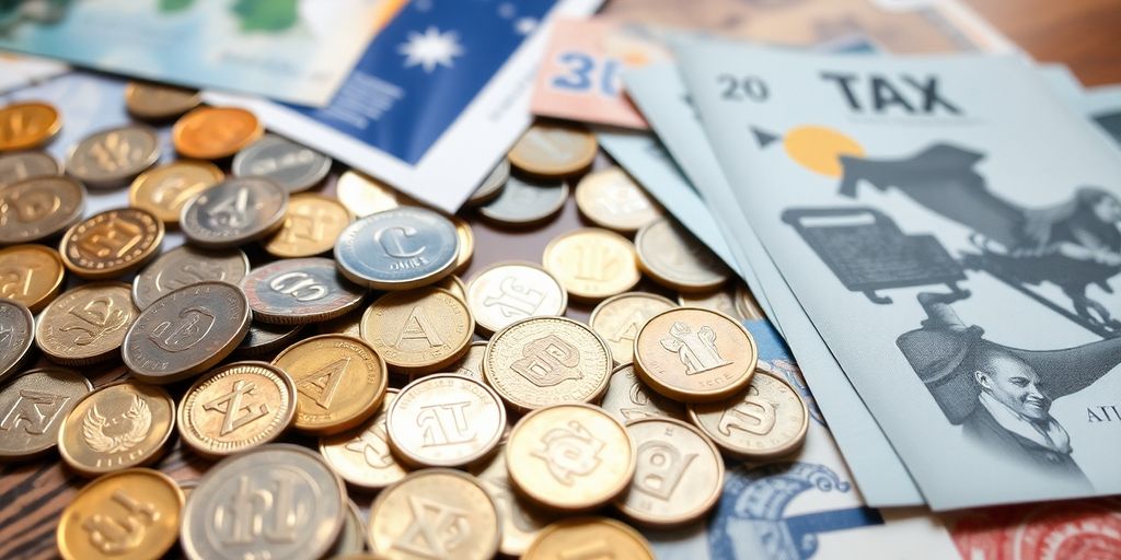 Australian coins and banknotes with tax documents.