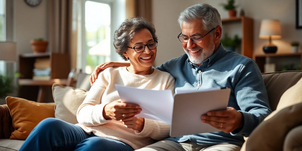 Happy senior couple planning finances at home.