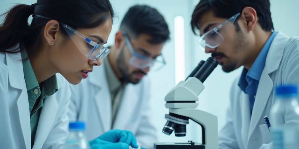Indian scientists working in a laboratory on diabetes research.