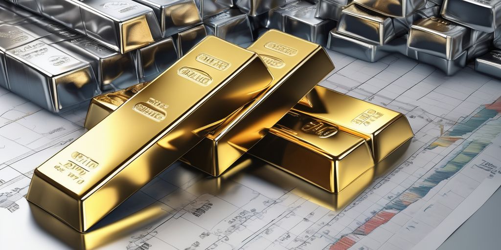 gold and silver bars with financial charts in the background