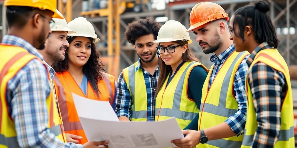 Construction experts collaborating on-site for worker safety.