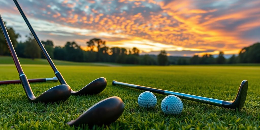 Classic golf clubs and balls on a green course.