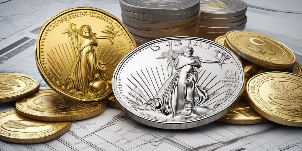 gold and silver coins with stock market charts