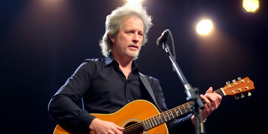 Lindsey Buckingham playing guitar, spotlight on stage.