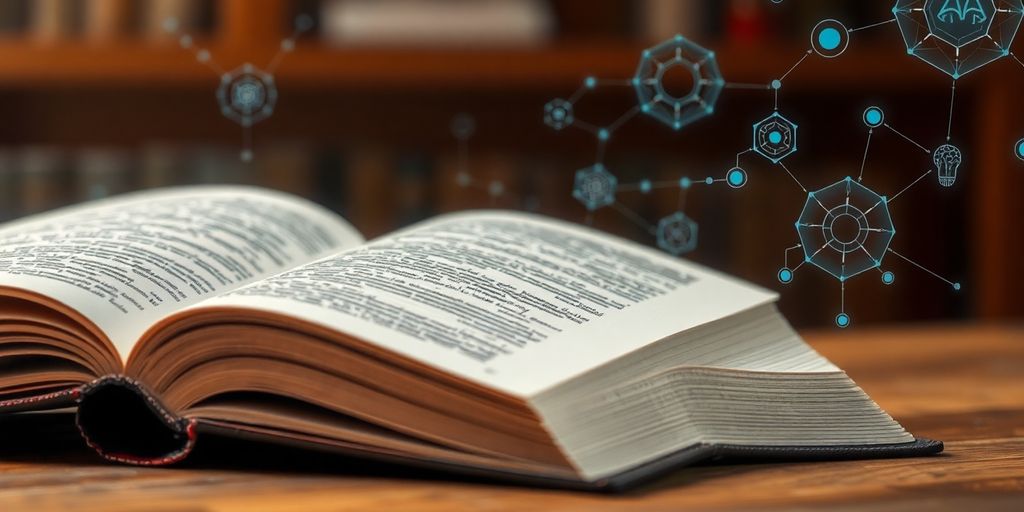 Open book with digital data streams surrounding it.