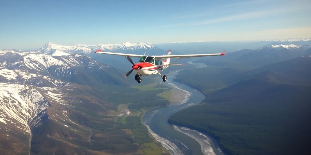 A small plane flies low over a vast, snowy landscape.