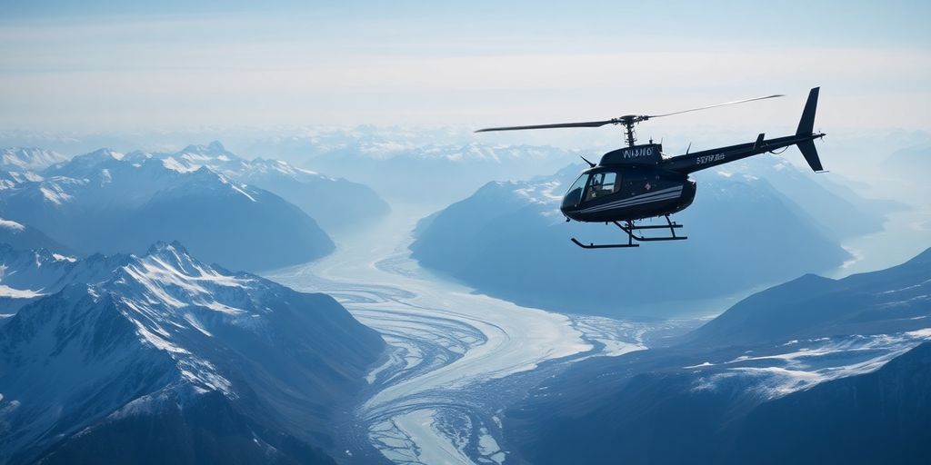 A helicopter flying over vast, snow-covered Alaskan mountain ranges.