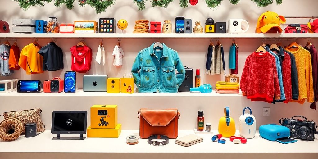 Colorful seasonal merchandise with tech gadgets and stylish apparel.