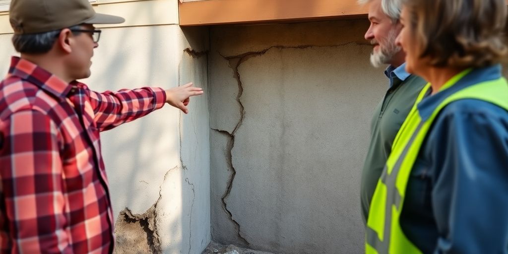 Contractor discusses foundation cracks with homeowner.