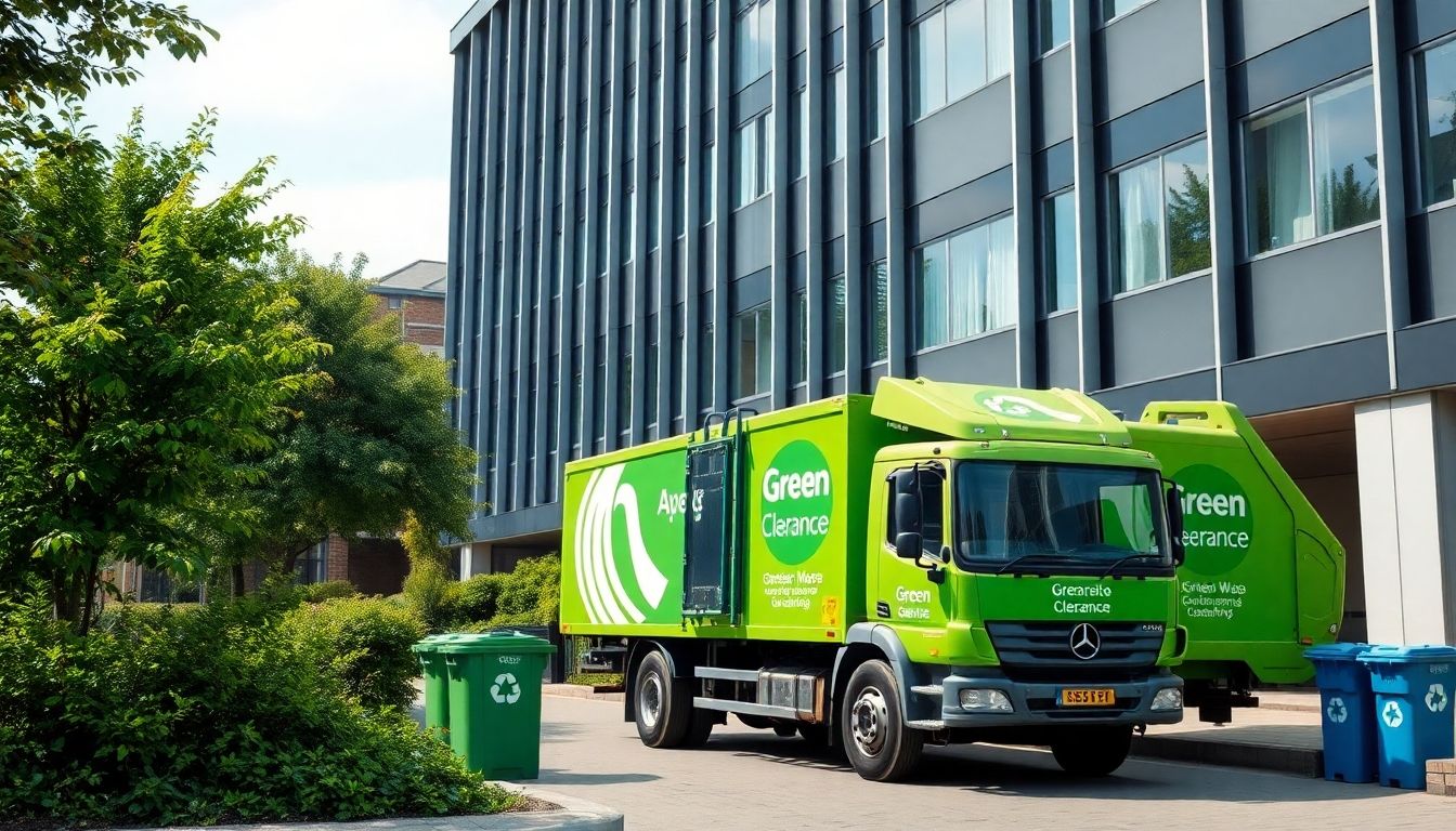 Eco-friendly waste clearance truck in London office area.