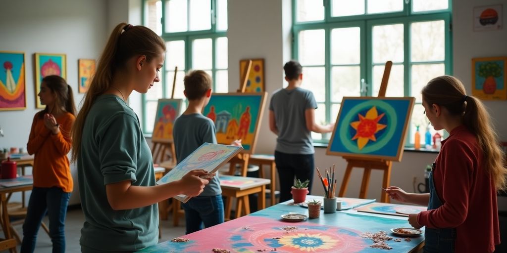کلاس هنر با دانش‌آموزان در حال نقاشی