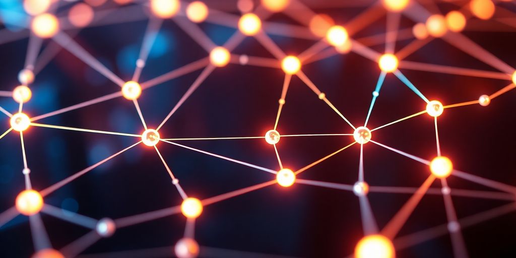 Interconnected digital network with glowing nodes.