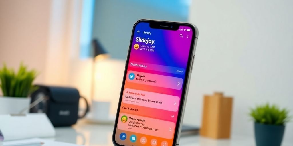Smartphone displaying Slidejoy app interface on a desk.