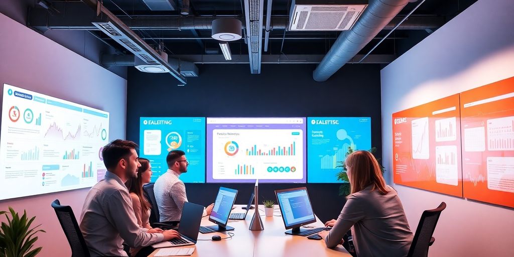 Profissionais de marketing digital em ambiente de escritório moderno.