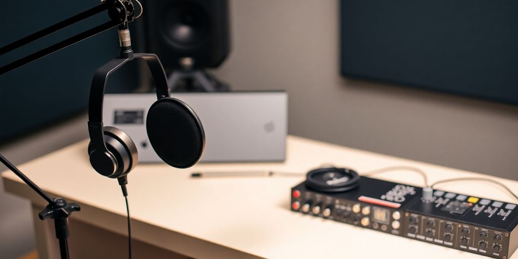 Micrófonos y auriculares para pódcast.