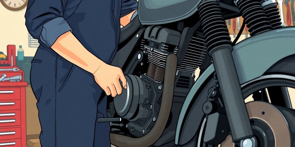 Mechanic working on a motorcycle engine.