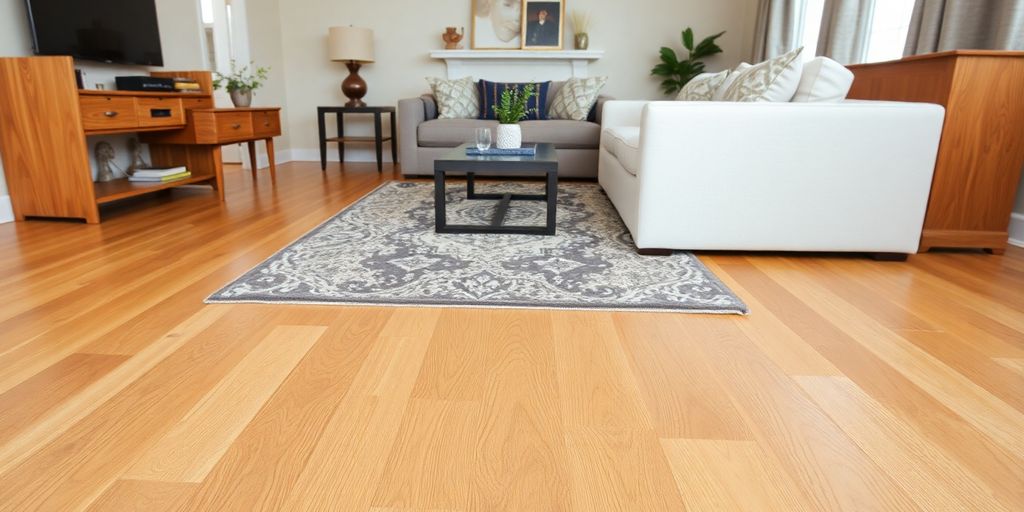 Close-up of engineered hardwood flooring in a living room.
