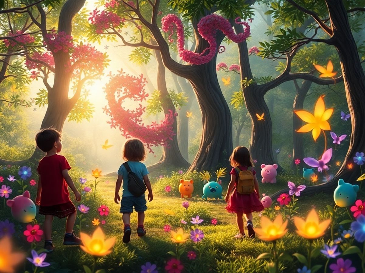 Copii explorând o pădure magică plină de aventuri.