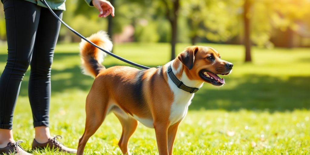 Dog heel training with owner in a sunny park.