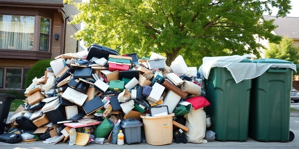 Full trash bins, overflowing with junk, on a Toronto street.
