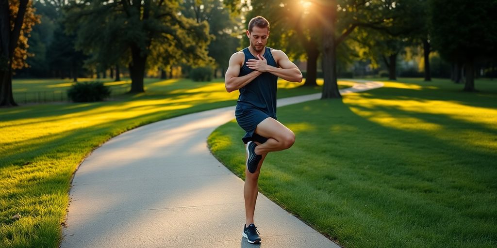 Runner performing knee hug stretch on a park pathway.