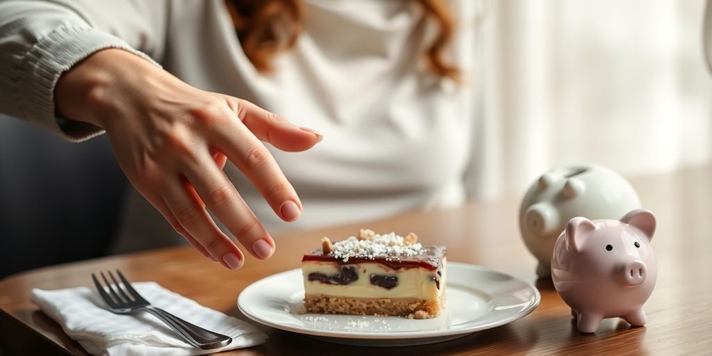 Man resists dessert, saving money.