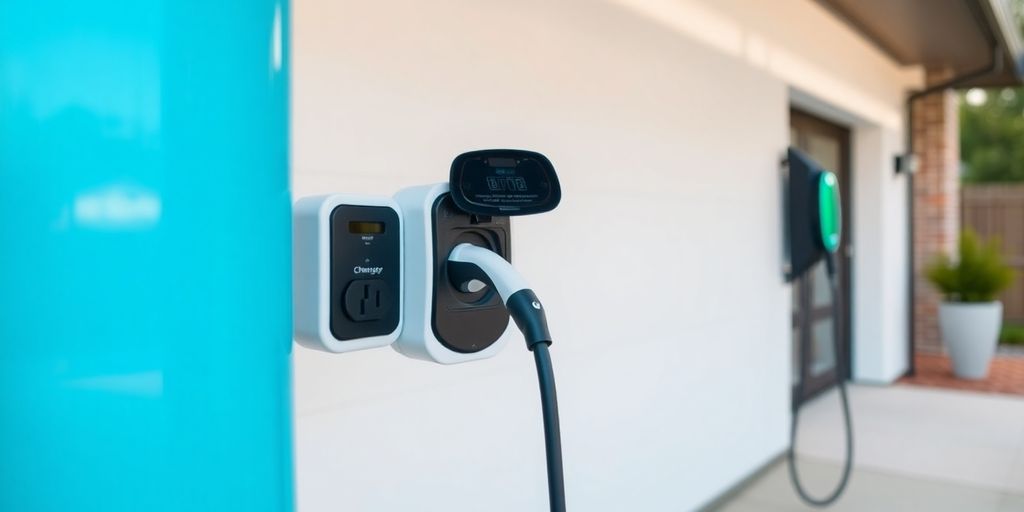 Electric vehicle charging station in a modern garage.