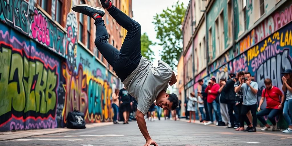 Breakdancer gör en headspin på en färgglad gata.