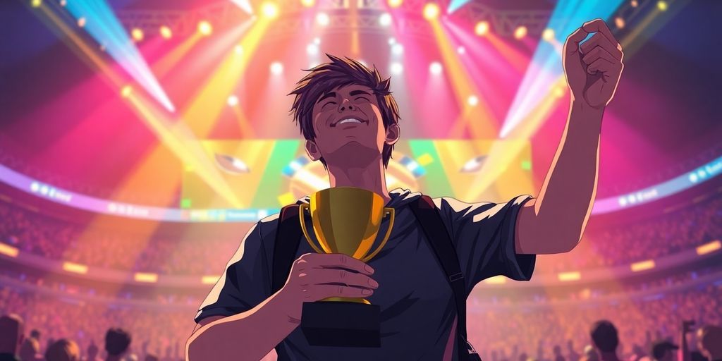 Esports player holding trophy, celebrating victory.