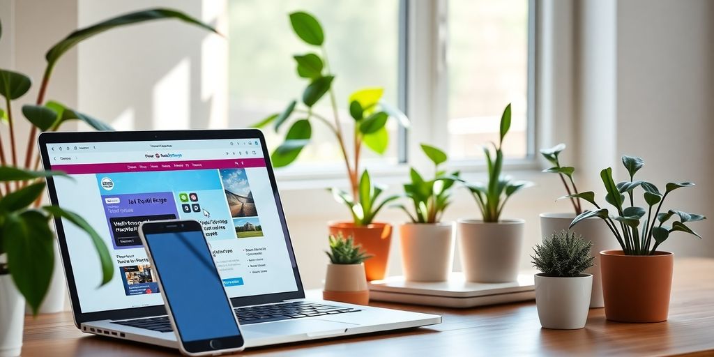 Modern workspace with laptop, smartphone, and plants.