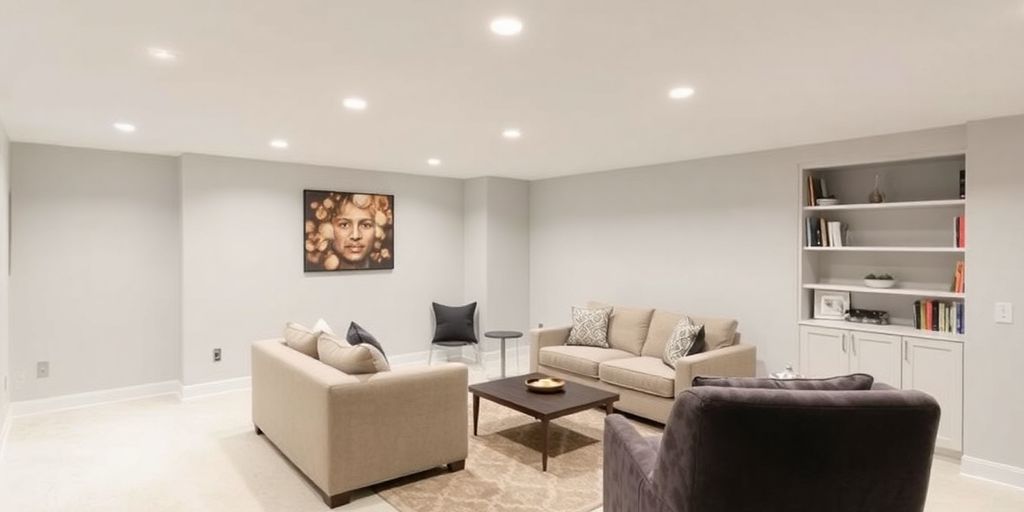 Bright, modern Milton basement, cozy, inviting, finished look.