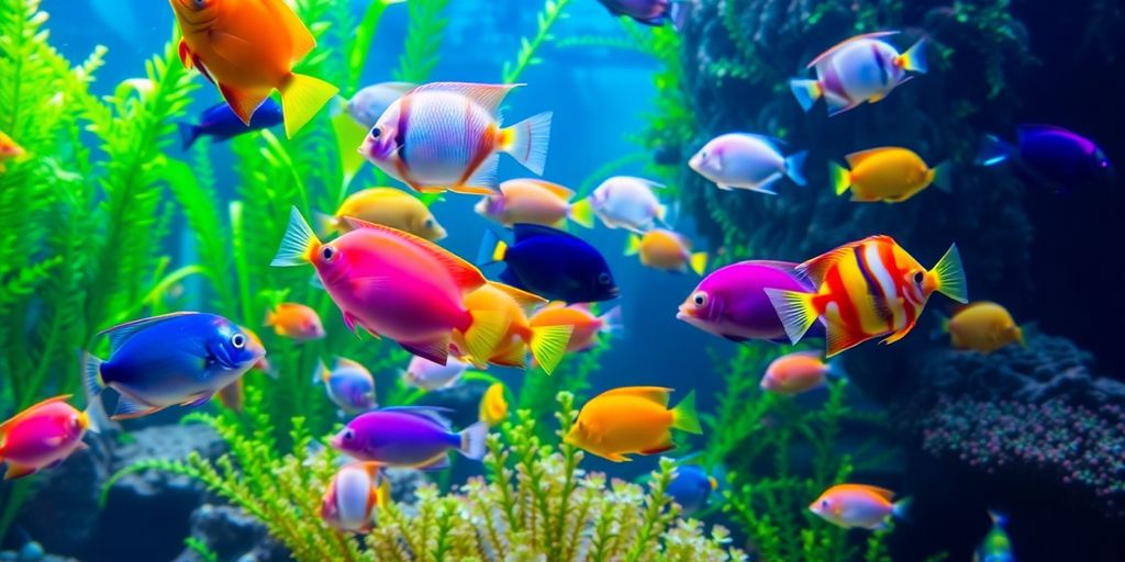 Makukulay na tropikal na isda na lumalangoy sa isang masaganang aquarium.