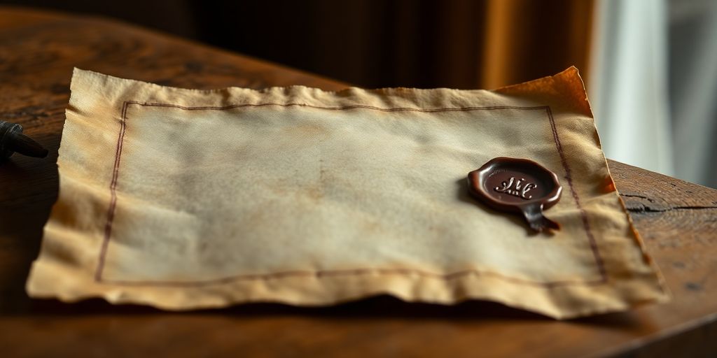Close-up of an ancient document with a wax seal.