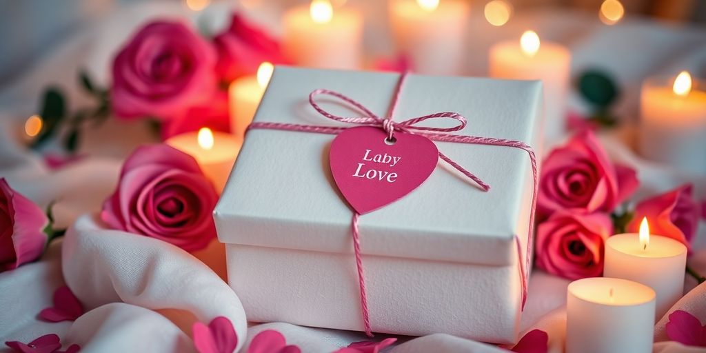 Romantic gift box with roses and candles for Valentine's Day.