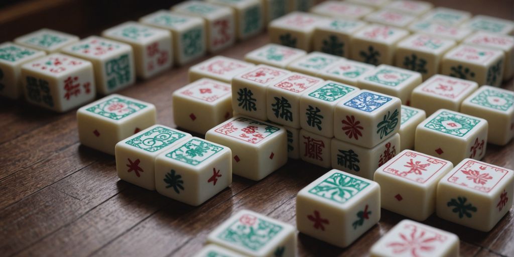 Mahjong tiles neatly arranged in a grid pattern.