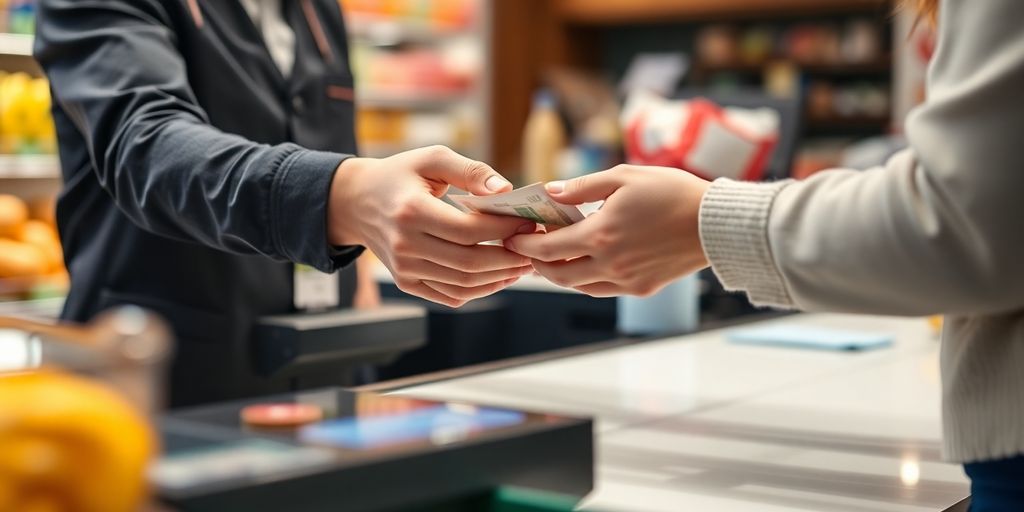Cashier at checkout, friendly service.