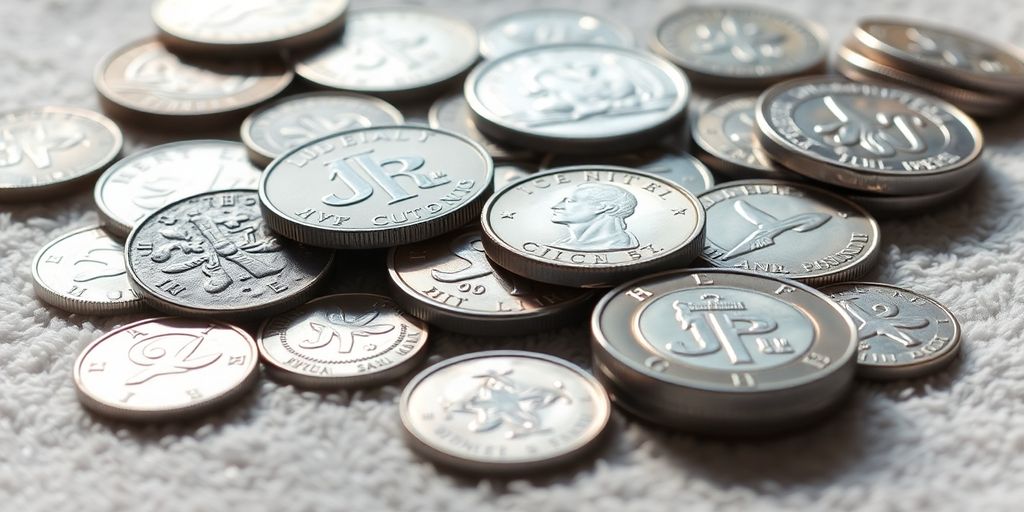 Pièces d'argent variées sur une surface texturée.