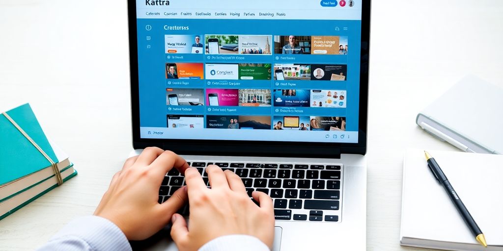 Laptop displaying Kartra interface, surrounded by learning tools.