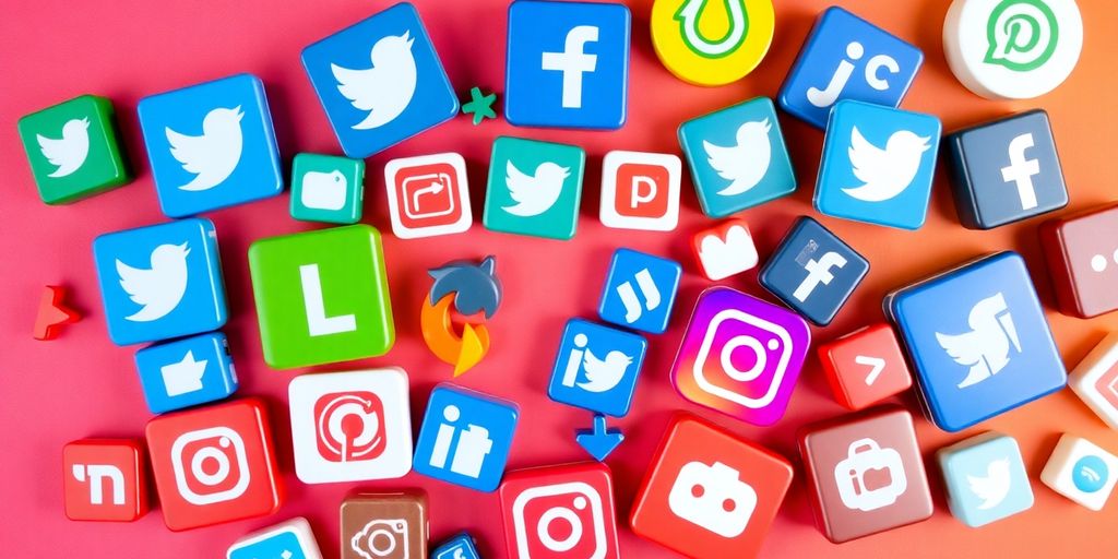 Colorful social media icons on a flat lay background.