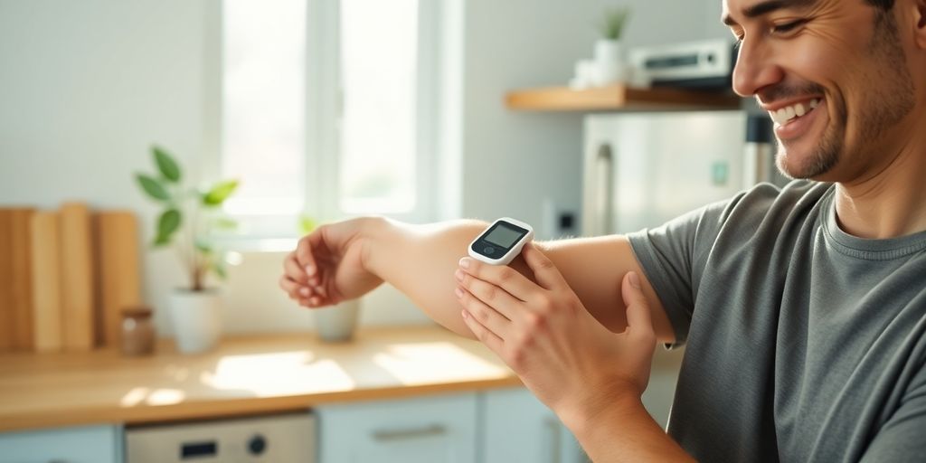 Smiling adult using compact blood sugar monitor on upper arm