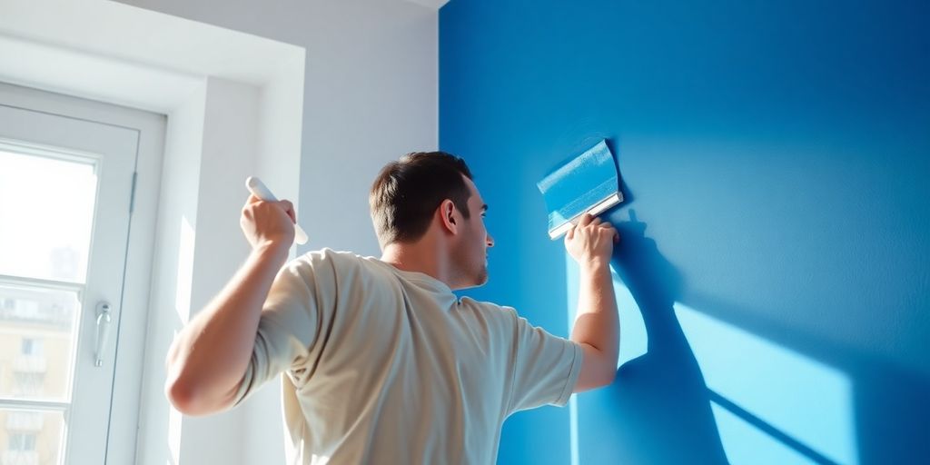 Painter applying blue paint to interior wall
