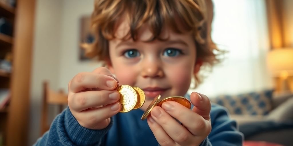 Un enfant tenant des pièces d'or dans ses mains.
