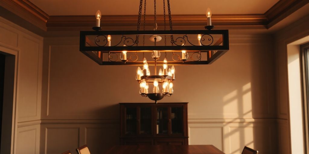 Rectangular chandelier above a dining table.
