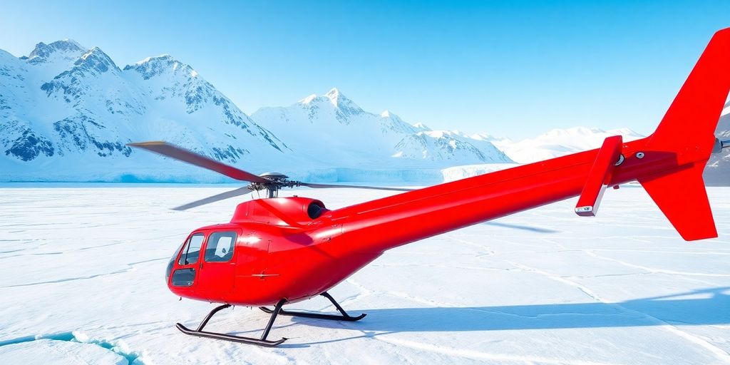 A red helicopter sits on a vast, white glacier.